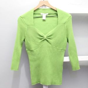 Vintage August Silk Lime Green Front Twist Sweetheart Neckline Ribbed Top